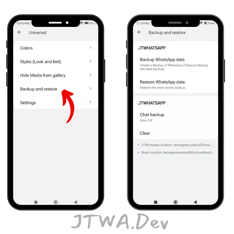 JTWhatsApp Backup & Restore settings